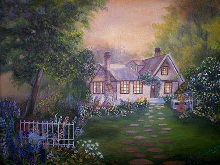 A Country Cottage - flowers, painting, country, fence, home