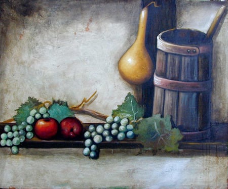 Shed Things - autumn, apples, gourd, cool, bucket, shelf, leaves, grapes, shed