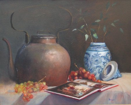 Little Odds - fall, tea pot, table, grapes, copper, book, twigs, vase