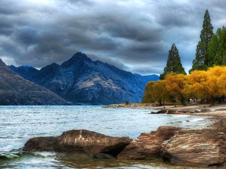 River in Mountains - river, trees, picture, beautiful, mountains