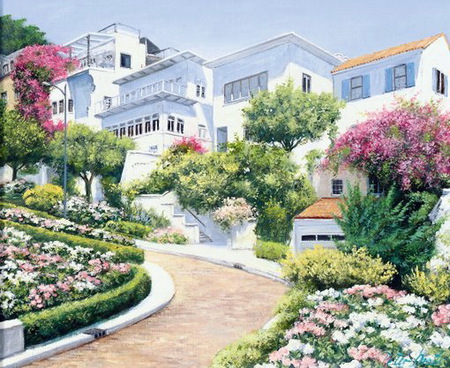 Mansion on the Hill - trees, blossoms, mansion, windows, steps, flowers, roof, driveway, painting, plants, garage