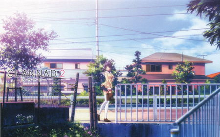 CLANNAD 2 - roud, house, trees, frence, girl, grass, power pole, tree, street, houses