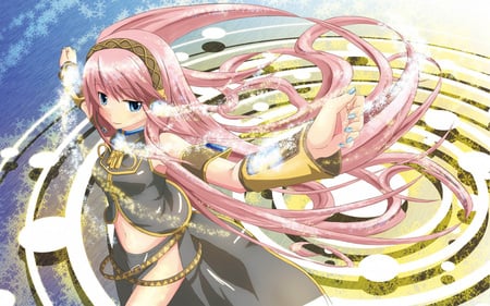 Megurine Luka - nice, beauty, sky, hot, headset, thighhighs, black, pretty, cool, clouds, megurine luka, anime, megurine, cute, luka, sexy, blue eyes, pink hair, gold, vocaloids, vocaloid, blue, pink, beautiful, headphones, awesome