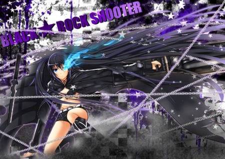 Black rock shooter - gun, weaopn, twintails, blue eye, sword, black rock shooter