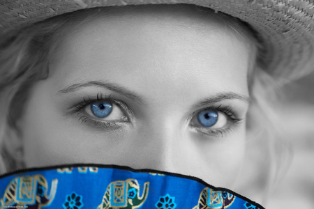 In Blue - abstract, eyes, blue, beauty girl, look, model, white and black