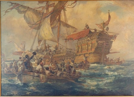 Attack on a Spanish Treasure Ship - spain, galleon, painting, ship, warship, boats, spanish, ancestry painting