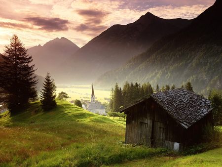 Tyrol, Austria !!! - valley, trees, tyrol, mountains, mist, dale, home, green, plant, tree, hill, mountain, travel, villages, reef, cabins, nature, church, beautiful, tyrol-austria---misty-mountain-village, austria