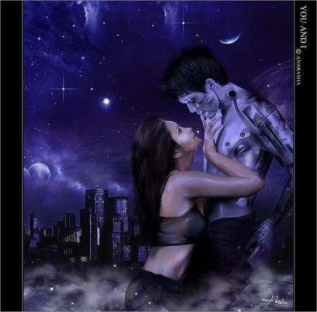 Lovers - scifi, science fiction, blue, mist, night, couple, machine