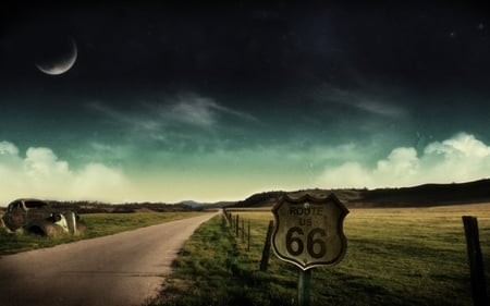 Route 66 - sign, 66, town, old car, road, route, street, country, sky