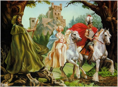 Princess and the Knight - abstract, knight, rowena morrill, prince, fantasy, horses, castles, princess, castle