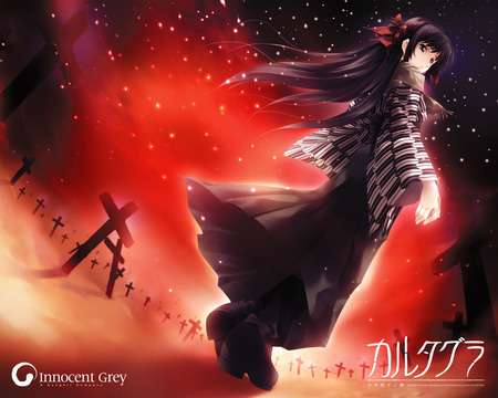 Innocent gray - dark hair, anime, red, gray, alone, night, grave