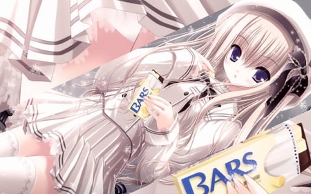 tinkle - white, school uniform, kawaii, anime, food, tinkle, cute, loli