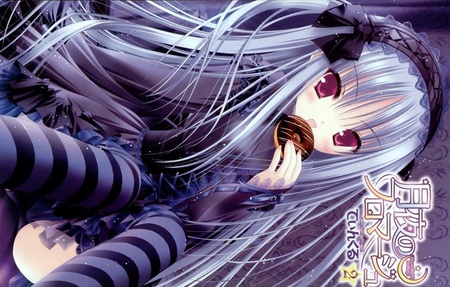 Dark tinkle loli - ribbons, long hair, tinkle, loli, red eyes, sliver hair, dark, cute, dress