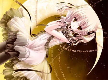 gold moon - moon, yellow, tinkle, dress, gold, space, chains, cute, loli