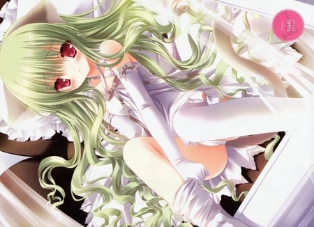 in the window - hat, tinkle, cute, long hair, green hair, dess, lolita, red eyes