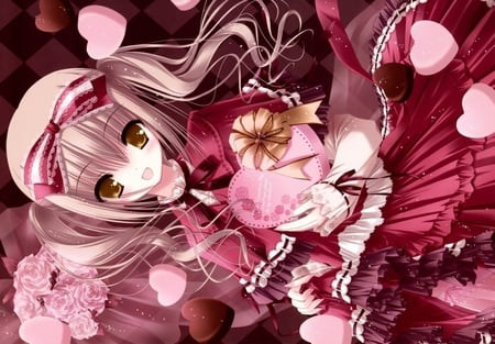 lolita - ribbons, long hair, pink hair, tinkle, loli, red dres, hearts, cute, lolita