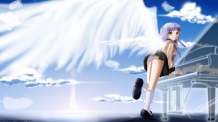 Kanade - clouds, skirt, school unform, angel beats, white hair, kanade, wings, cute, feathers, sky