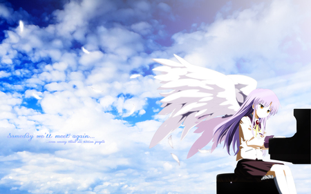 Kanade - yellow eyes, sky, wings, music, school uniform, clouds, angel beats, feather, cute, white hair