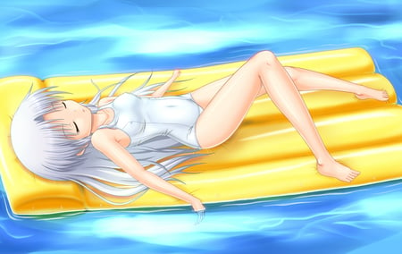 Kande at the pool - kanade, swimsuit, water, long hair, loli, angel beats, batefoot, pool, white hair