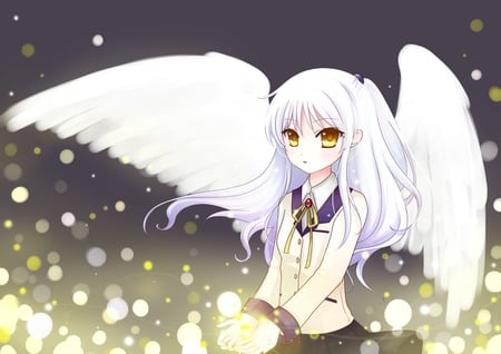 Kanade - yellow eyes, skirt, angel, kanade, wings, long hair, white, school uniform, angelbeats, sparkles, white hair