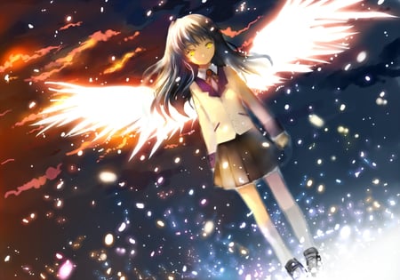 kande - yellow eyes, coulds, wings, long hair, sunset, water color, space, school uniform, sparkles, white hair, agnel beats