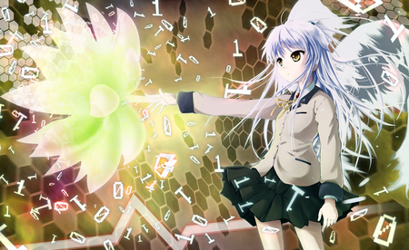 Kanade - school uniform, yellow eyes, numbers, wings, feathers, angel beats, flower, white hair