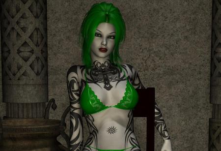 Tatoo - 3d, tatoo, woman, green