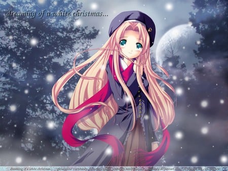 White Christmas - hat, white christmas, moon, anime, long hair, snow tears, scarf, aqua eyes, pink hair