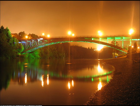 Bridge - arhitecture, bridges, water, lights, places, nights, orange, reflection