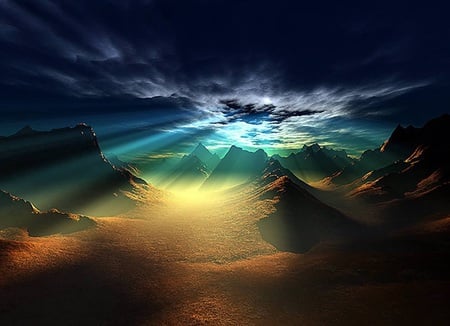 The Heights - sky, mountains, fantasy, landscape, clouds, rays