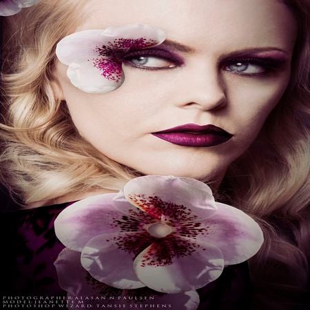 PURPLE BEAUTIFUL WOMAN - woman, face, purple, art, lips, eyes, model, flower