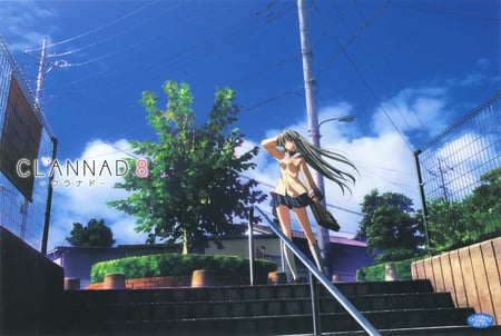 Clannad - clannad 8, stairs, street, sky, trees, blue sky, roud, stair, cloud, clannad, tree