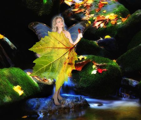 FAIRY WITH LEAFS - imagination, fantasy, white, yellow, forest, leafs, red, blue, green, fairy