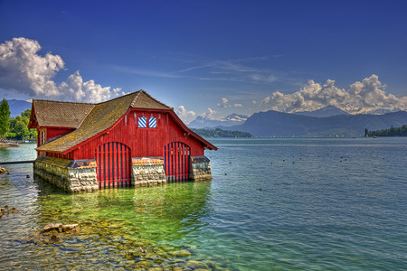 Red house by the lake - sky, house, cloud, red