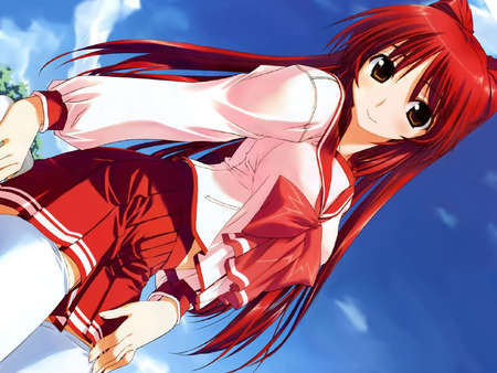 RedheadLookingDown - anime, blue, red, girl, sexy, hair, sky, other