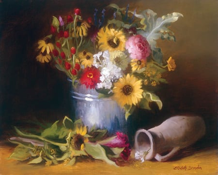 Sunflowers and Wild - roses, sunflowers, display, bouquet, jug, variety, daisies, colours, nature, silver, garden, pial, mix, wild flowers