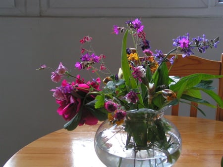 Purple Power - glass, blues, vase, chair, variety, red, arrangement, table, leaves, green, flowers, purples