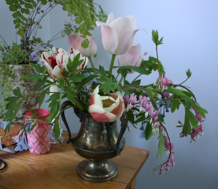 Country Looking - fresh, flowres, greens, bouquet, black, spring, cup, vase, cut, colours, variety, table, mix, ferns