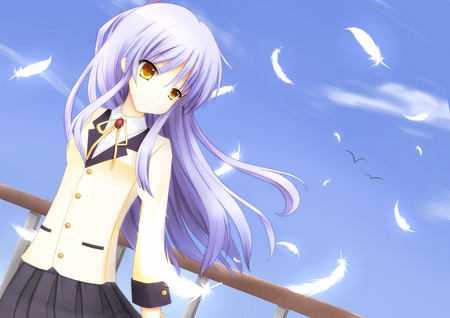 Kanade - school uniform, yellow eyes, sky, skirt, feathers, long hair, wind, white hair