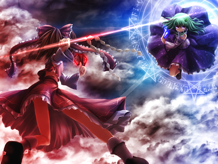 loli battle - clouds, magic, dress, green hair, brown hair, long hair, purple eyes, japanese clothes, miko, sky, ribbons