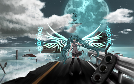 Hatsune Miku - pretty, anime, vocaloid, planet, hatsune miku, angel, nice, sky, clouds, house, moon, water, beautiful, road, beauty, cool, robotic, apocalypse, miku, awesome, wings, waves, cute, hatsune, vocaloids