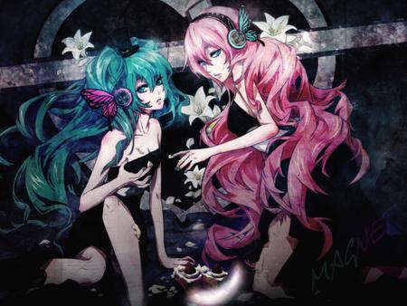 Hatsune Miku & Megurine Luka - heart, headset, twintail, music, magnet, megurine luka, miku, megurine, hatsune miku, luka, blue eyes, pink hair, song, blue hair, hatsune, headphones, pink, blue, flowers