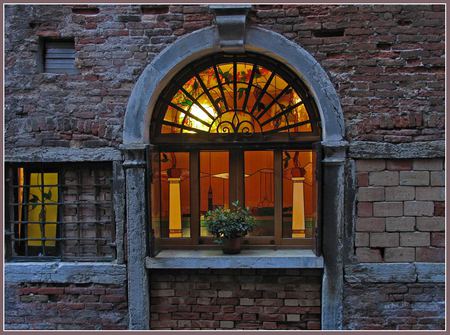 beautiful window - art photo, lightining, window, inside, beautiful, flowers, pot, old fassade