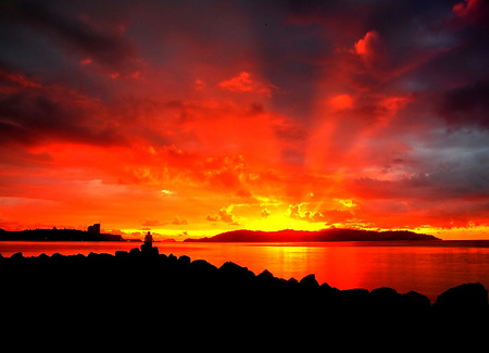 Ablaze - reflections, shore, sunset, water, orange red and gold, fiery sky