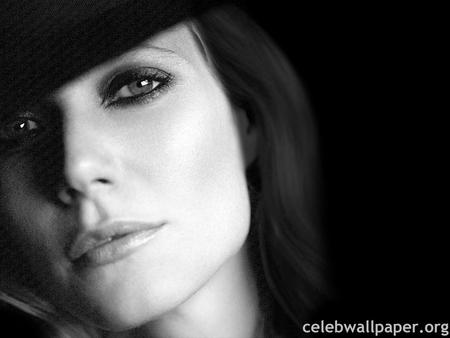 Gwyneth Paltrow - dark hair, female, black hat, black and white, actress