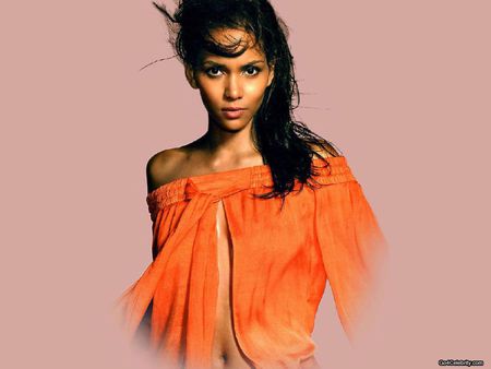 Halle Berry - orange blouse, female, long hair, sexy, actress