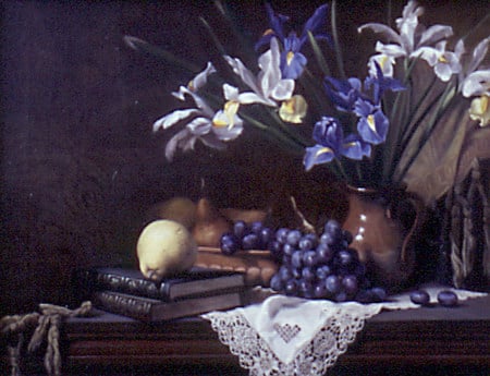 Colour Purple - pear, iris, vase, purple, stoneware, table, doily, lace, books, flowers, grapes