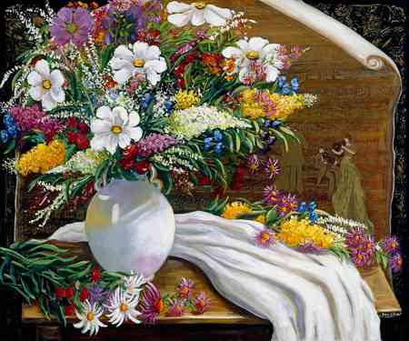 Spring Music - vase, silk, colour, table, beauty, bouquet, flowers, mixture, runner, white, arrangement, floral