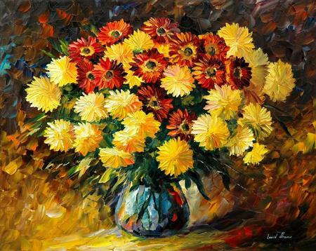 Autumn Lust - vase, reds, blue, colourful, yellows, bouquet, flowers, fall, autumn, background, floral