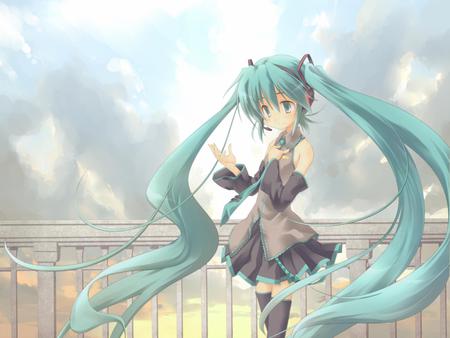 Hatsune Miku - aqua, headset, sun, music, thighhighs, white, cool, hatsune miku, skirt, blue eyes, song, awsome, vocaloids, vocaloid, beautiful, diva, nice, beauty, sky, female, twintail, pretty, clouds, idol, anime, miku, cute, sunlight, girl, virtual diva, blue hair, hatsune, microphone, headphones, blue, tie